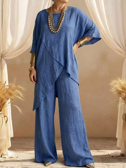 Weeklong Conjunto de 2 piezas de manga 3/4 holgado de cuello redondo en azul marino, dobladillo asimétrico superpuesto, talla grande, algodón-lino, estilo casual de resort, estilo pastoril de verano