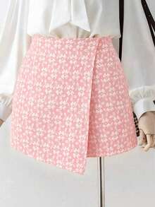 Textured Jacquard Elegant Commuter Solid Color Skort, Suitable For Valentine's Day - Pink - View 4