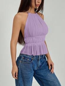 SHEIN PETITE 女士褶皱挂脖系带露背吊带背心 - 紫色 - 查看 4