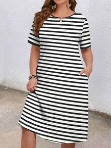 EMERY ROSE Plus Size Women Striped Casual Dress With Pockets, Everyday Wear - Multicolor - View 4