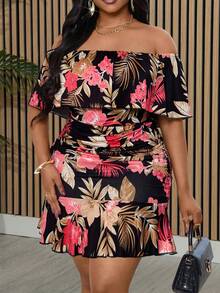 Villa Velisse Plus Size Women's Floral Print Off-Shoulder Dress, Romantic & Fashionable For Dates, Everyday Wear, And Commuting, Spring/Summer - Multicolor - View 3