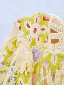 Gaivellea 女士宽松V领钩针镂空开衫，落肩设计，彩色花卉钩针饰边，撞色花卉图案，春季配色 - 彩色 - 查看 7