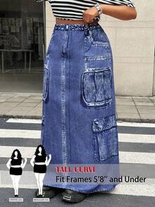 SHEIN Tall CURVE 休闲简约印花舒适开衩裙 - 藍色 - 查看 1