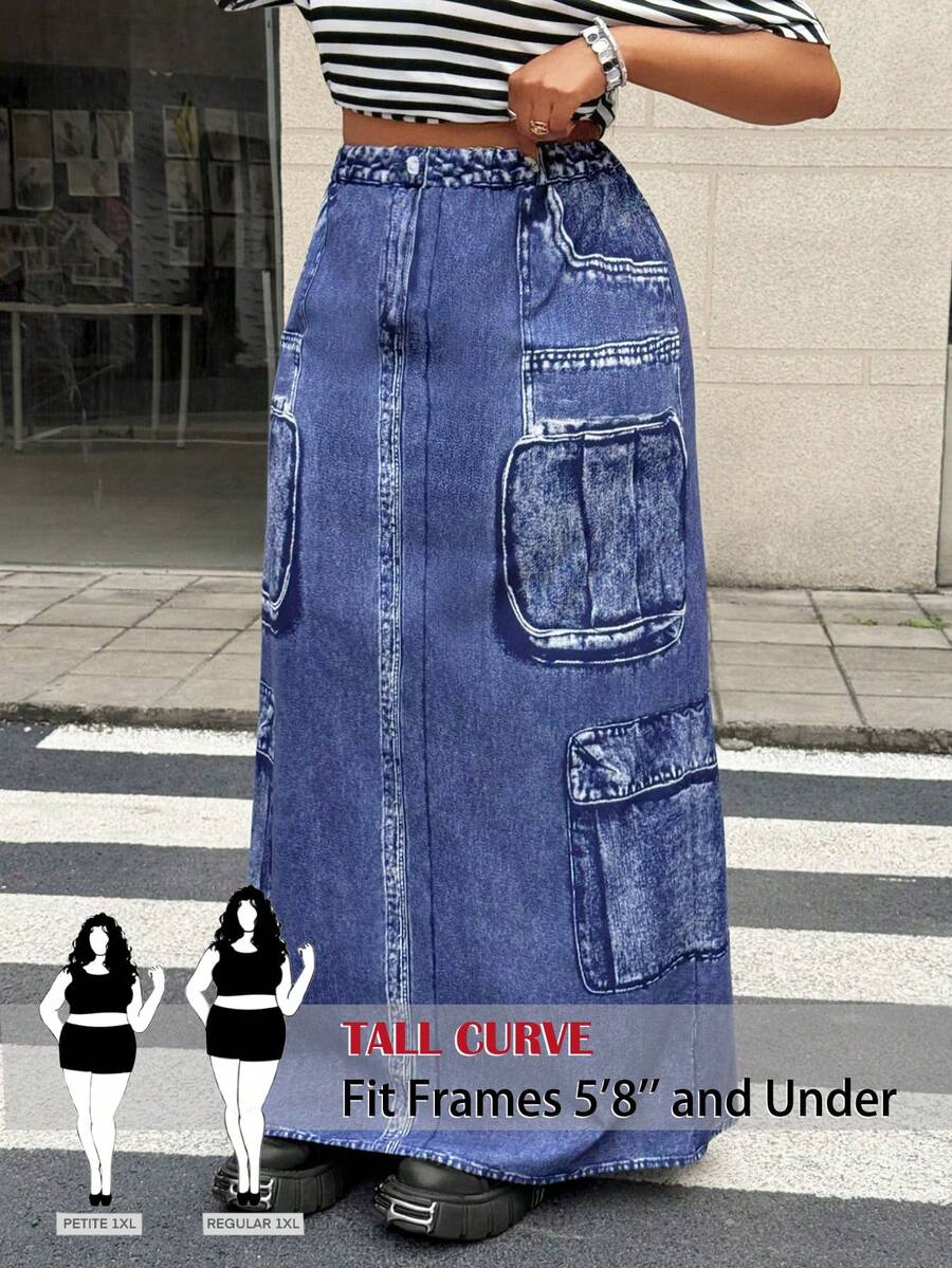 SHEIN Tall CURVE 休闲简约印花舒适开衩裙 - 藍色 - 查看 1