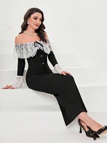 Modelyn فستان سهرة طويل ضيق الجسم مع شق في الخلف، أكمام فلونسي، تريم كشكش، عقدة أمامية، تطريز شبكي باللون الأسود والأبيض - الأسود - مشاهدة 5
