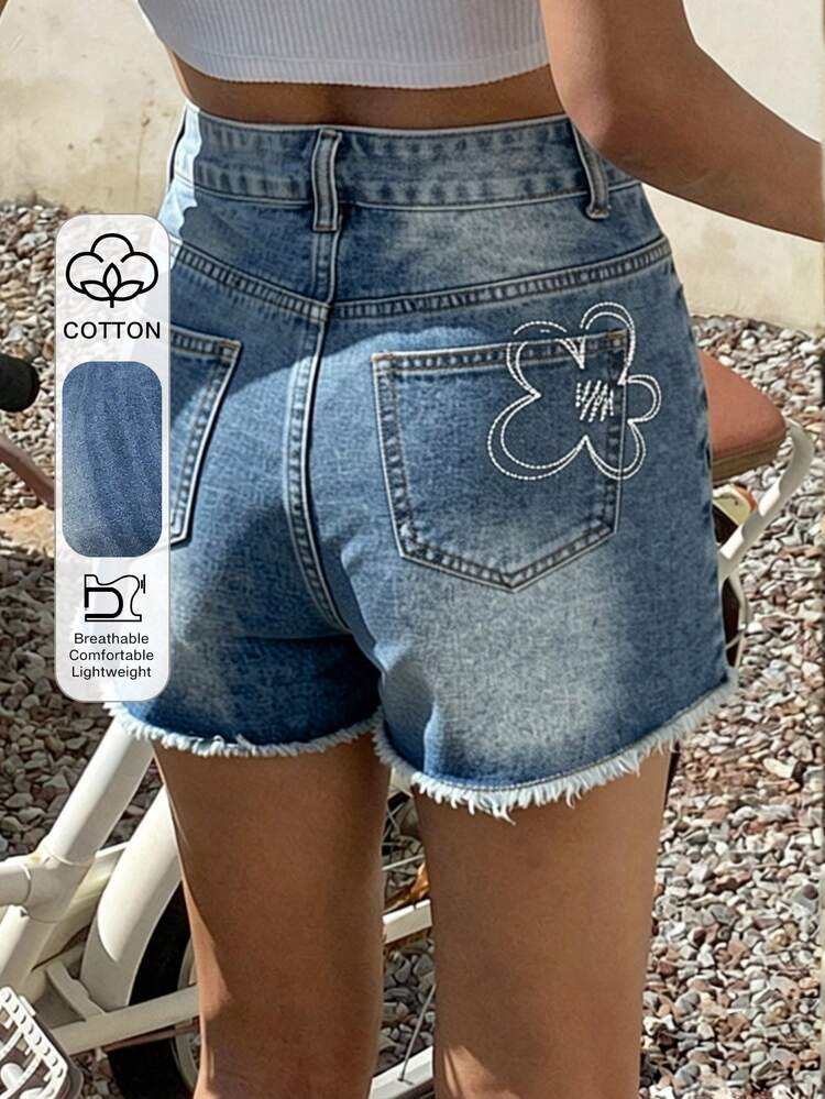 Graphic Print Distressed Hem Straight Leg Casual Vacation Denim Shorts For Women, Summer Jorts
