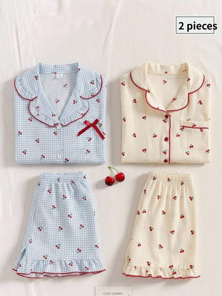 Teen Girls 2 Pieces Pajama Set, Elegant Cherry Print With Ruffle Trim, Comfortable Short Sleeve Top And Shorts - Apricot - View 1