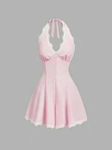 SHEIN MOD Bộ jumpsuit nữ màu trơn tối giản phối ren, cổ yếm, thích hợp mặc hàng ngày. - Hồng - Xem 3