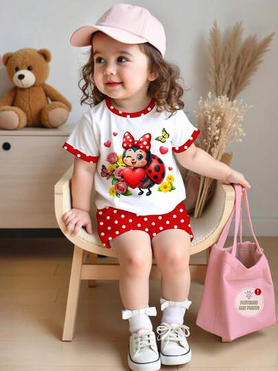 女婴休闲可爱瓢虫图案复古红色波点印花假日风圆领短袖T恤和紧身短裤套装，适合春夏穿着