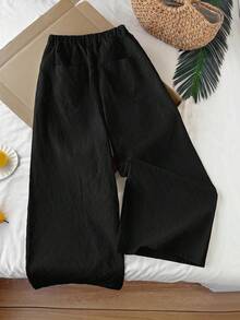 Comfortcana Celana Jeans Wanita Ukuran Besar Kasual Serbaguna Warna Polos dengan Potongan Lebar - Hitam - View 3