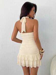 Women's Solid Color Halter Neck Mini Dress With Ruffles - Beis - View 2