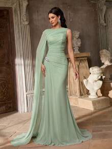Aureia Sage Green,Summer,Elegant,Formal,Formal,Wedding Mesh Round Neck One Shoulder Cape Sleeve Rhinestone Decor Side Drape Fishtail Bridesmaid Evening Gowns - Mint Green - View 5