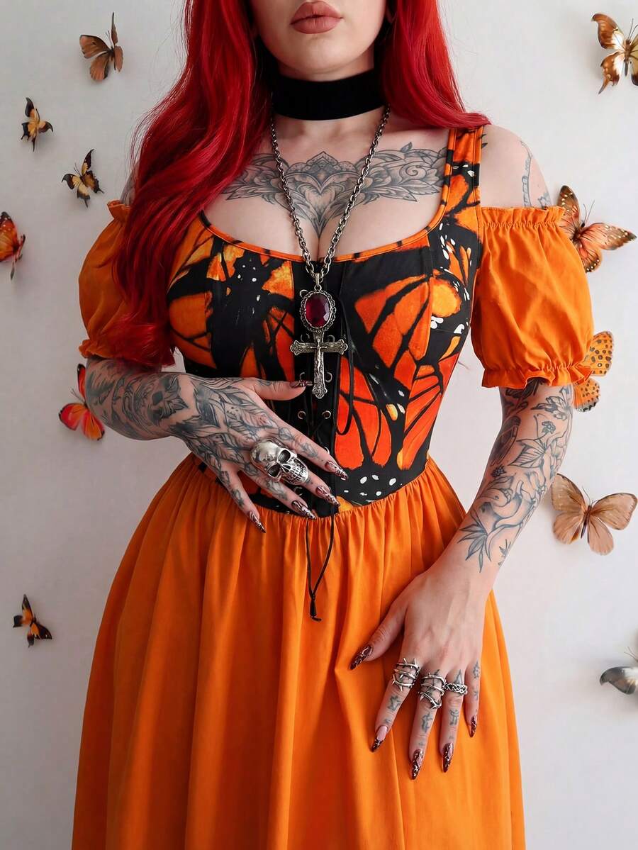 Whyspr Plus Size Punk Style Orange Patchwork Off-Shoulder Petal Sleeve Mini Dress, Spring/Summer