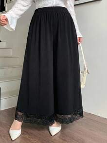 Dazy Plus Celana Panjang/Culottes Ukuran Besar Warna Polos dengan Potongan Lebar, Cocok untuk Semua Musim - Hitam - View 2