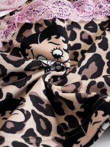Betty Boop x SHEIN 女士豹纹蕾丝拼接吊带背心和短裤睡衣套装 - 棕色 - 查看 7