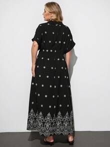 Maija Plus Size V-Neck Short Sleeve Ruffle Hem Pleated Black Summer Elegant Cute Tea Party Vacation Allover Print Dress For Women Boho Vacation Floral - Black - View 3