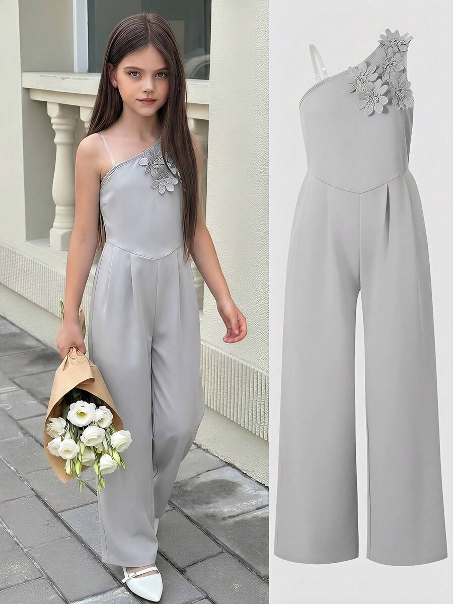 Jumpsuit Anak Perempuan Warna Abu-abu Gelap Kasual Model Bahu Miring Longgar dengan Dekorasi Bunga, Cocok untuk Sehari-hari, Bepergian, Sekolah, Tamu Pernikahan, Musim Semi, Musim Panas, dan Musim Gugur - Grey - View 1