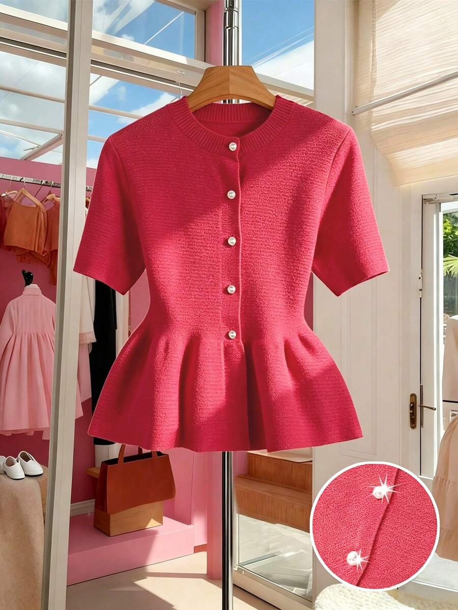 SHEIN Franclia Blusa de punto ajustada con volantes en el bajo y manga corta de unicolor elegante para mujer - Rojo - Ver 1