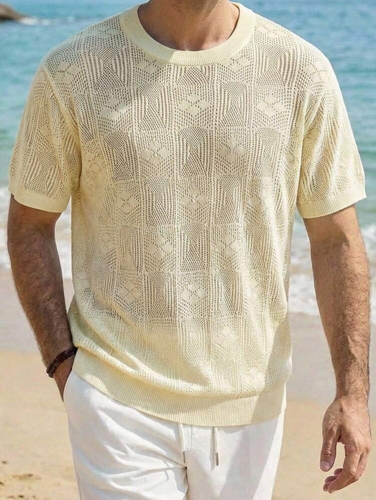 Men's Solid Beige Textured Fabric Breathable Hollow-Out T-Shirt, Summer