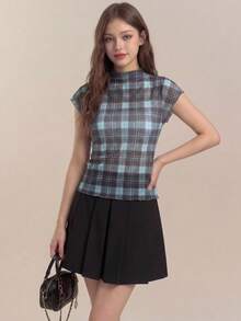 SHEIN Unity 春夏新款蓝绿格纹印花露肩短袖可爱甜美上衣，百搭实用，适合复古、学术、Y2K、办公、正式场合、优雅都市通勤、休闲、浪漫、节日、日常、外出、社交、约会、派对、毕业典礼、早午餐、机场等各种场合。 - 彩色 - 查看 4