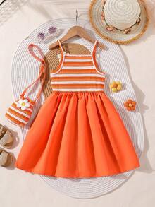 SHEIN Playful Pals 2件套女童甜美清新风格碎花条纹拼接无袖A字连衣裙，配迷你包，适合日常外出、休闲旅行、家庭聚会、拍照、夏季穿着 - 橘色 - 查看 2