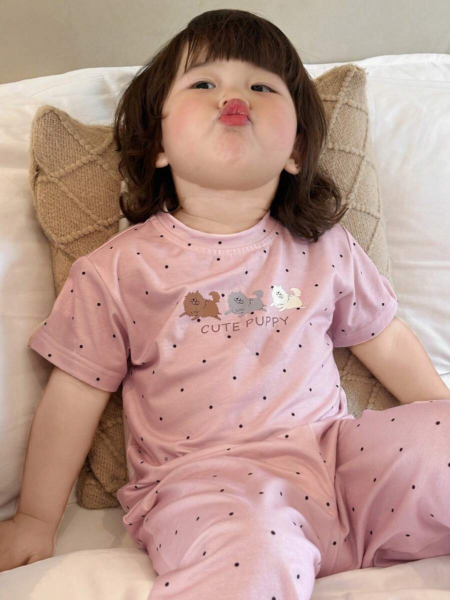 Bộ đồ ngủ 2 món cho bé gái, in hình hoạt hình, cổ tròn, tay ngắn và quần rộng. - Hồng - Xem 1