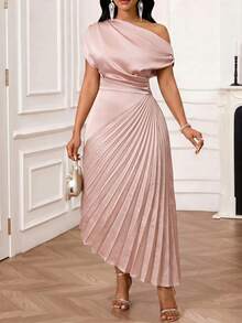 SHEIN Lady Elegant Pink Plus Size Midi Dress For Women With V Neck And Regular Short Sleeves Perfect For Formal Events - Pink - View 5
