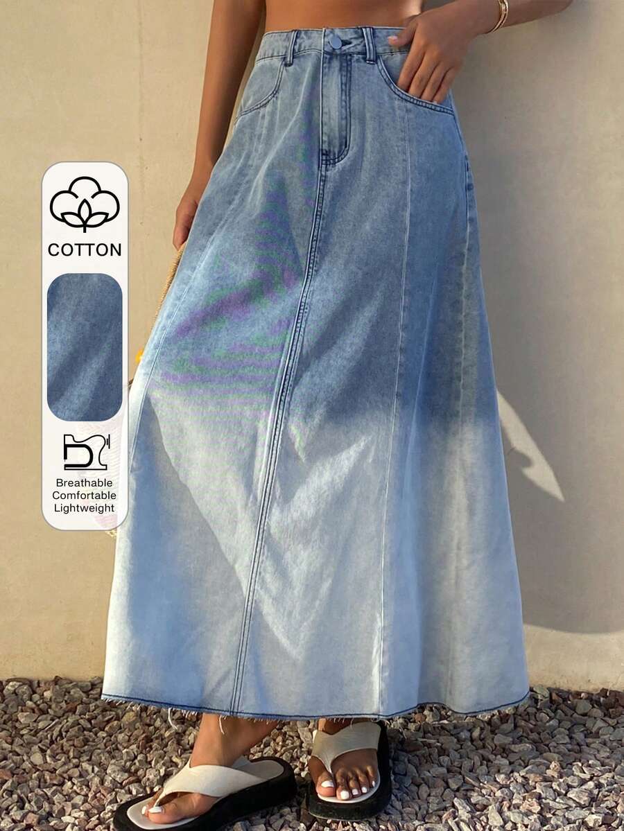 DAZY Faded Gradient Western Cowgirl A-Line Long Casual Vacation Denim Skirt For Women, Spring/Summer - Blue - View 1