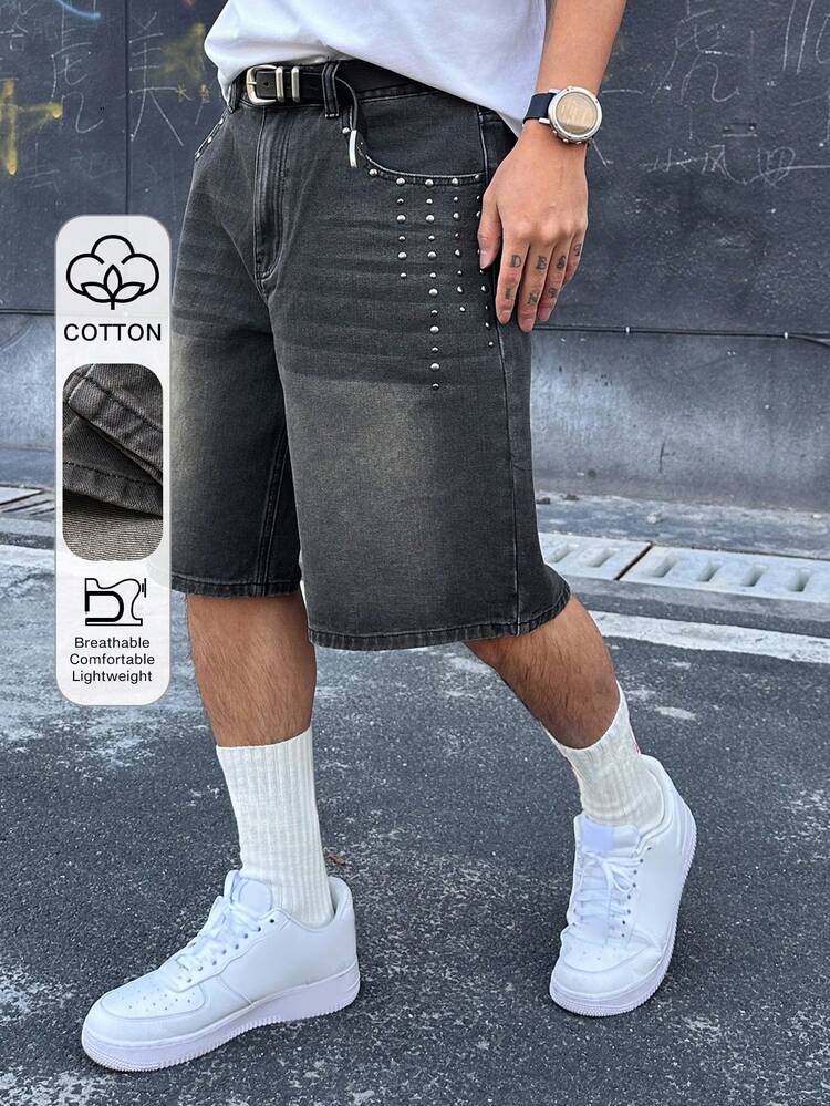 Men's Washed Distressed Black Denim Shorts, Summer
