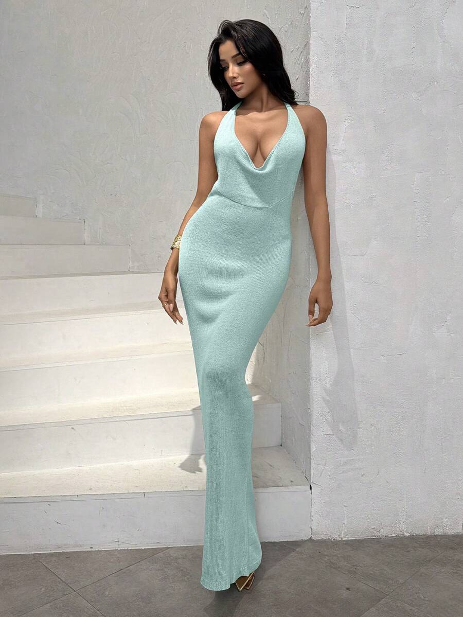 Bonvoyette Vestido de punto con cuello halter elegante y de estilo vacacional, azul brillante - Azul - Ver 1