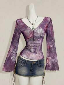 SHEIN ICON 秋季女士西部波西米亚风蓝绿色印花V领褶皱优雅长袖衬衫 - 紫色 - 查看 9
