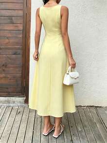 SHEIN PariChic Women's Sleeveless Solid Color Front Tie Midi Dress, Casual Summer - Yellow - View 2