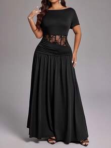 Viva Relle Off-Shoulder Waist Hollow-Out Lace Short Sleeve Waist Cinching Dress - Black - View 2