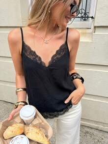 Women's T-Shirt With Contrasting Lace, Versatile And Fashionable - 黑色 - 查看 6