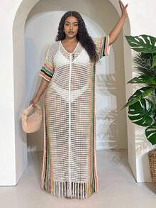 SHEIN CURVE+ 露背针织透视连衣裙长款女装 - 彩色 - 查看 6