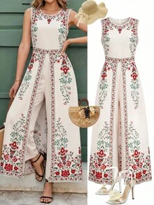 Ellevyn 女士印花无袖连体裤 - 杏色 - 查看 2