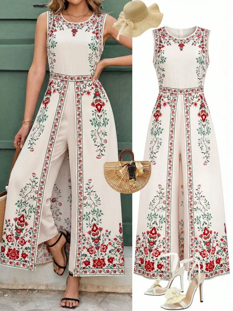 Ellevyn Women's Floral Print Sleeveless Jumpsuit - Apricot - View 1