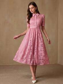 Aveloria Rosie Elegant & Graceful Women's Minimalist Chic Date Luxury Exquisite Lace Fabric Shirt Collar With Belt Waist Slimming A-Line Button Front Short Sleeve Midi Dress - Pink - View 5