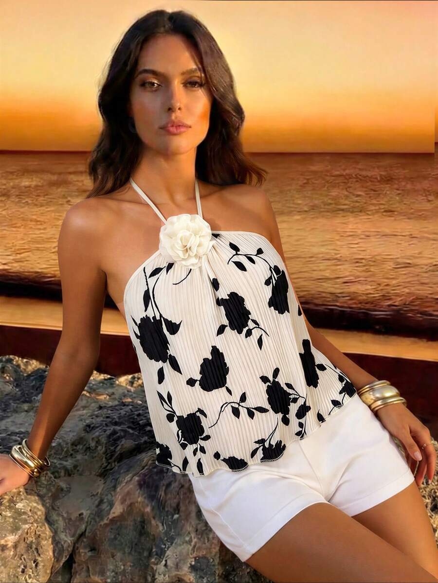 Nevyona 女士数码印花褶皱面料露背装饰上衣，奶牛纹褶皱露背上衣，花卉印花上衣，女士夏季上衣 - 杏色 - 查看 1