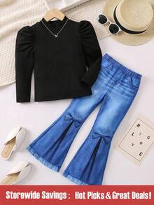 SHEIN Young Girl Top And Bell-Bottomed Jeans With  Effect Two Pieces Set - Multicolor - View 1