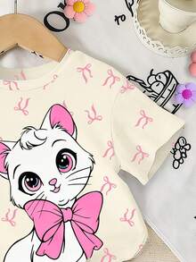 Elladie kids 一套女童休闲时尚甜美可爱蝴蝶结印花粉色大蝴蝶结猫咪图案短袖T恤和骑行短裤套装，适合外出、休闲、节日等场合。浅杏色夏季套装 - 彩色 - 查看 5