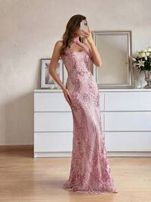 Modelyn Robe de soirée de cérémonie (très ornée) pour femmes, Tenues de robe de soirée d'été pour femmes, Robes de soirée de luxe pour femmes pour l'automne et l'anniversaire - Rose bonbon - Voir 4