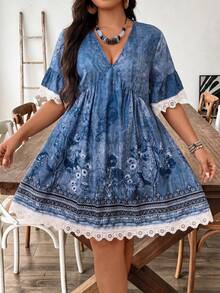 SHEIN LUNE CURVE Plus Size Women's Brown Floral Print V-Neck Flare Sleeve Lace Trim Dress Gym Autumn - Blue - View 6