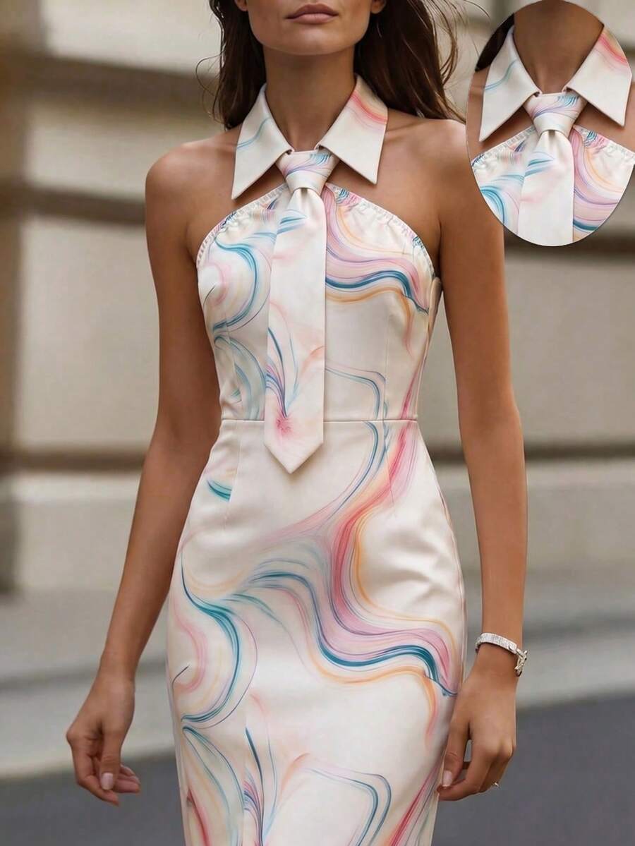 SHEIN PETITE 女款夏季優雅米色中長洋裝,領口無袖扭結綁帶腰部設計,數位印花不對稱花卉圖案,下午茶派對穿搭,適合嬌小女性 - 彩色 - 查看 1