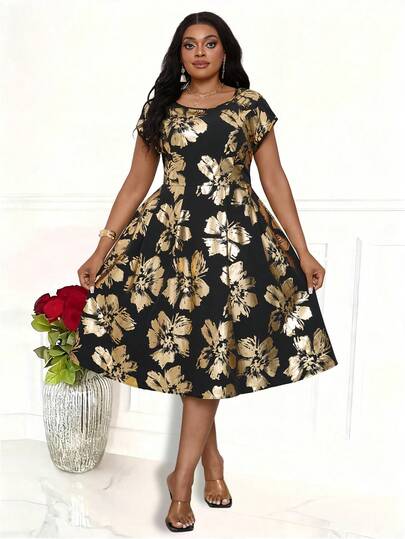 Villa Velisse Plus Size Women's Gold Foil Floral Pattern A-Line Short Sleeve Dress Plus Size Tea Party Dress Plus Size Floral Dress Flare Maxi Dress Elegant Dresses For Women Work Outfits For Women  Office Outfits For Wome Summer Spring Dress Wedding Guest Dress For Women Graduation Dress Black Dress