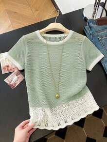 GlowEve CURVE Ropa casual de primavera/verano para mujer talla grande: estilo sencillo, versátil y fresco. Verde menta con ribete blanco. Blusa holgada de talla grande con crochet calado y dobladillo de patchwork. Perfecta para primavera y verano. - Verde - Ver 6