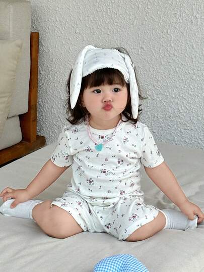 Dazy Kids 2pcs Baby Girls' Casual Printed Comfortable Round Neck Short Sleeve T-Shirt And Shorts Homewear Set
