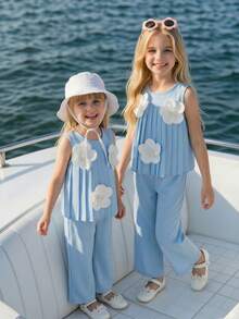 Elladie kids Young Girl' Minimalist Chic Solid White 3D Floral Pleated Sleeveless Top Paired With Loose Straight Leg Pants Set, Lively Daily Wear For Spring/Summer Young Girls Clothing Sets Little Girl Outfit Sets Kids Clothes Kids Formal Outfits For Girls Girls Pleated Tops Kids Beach Outfit Kids Summer Fashion - Blue - View 1