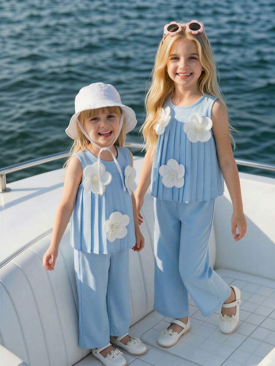Elladie kids Young Girl' Minimalist Chic Solid White 3D Floral Pleated Sleeveless Top Paired With Loose Straight Leg Pants Set, Lively Daily Wear For Spring/Summer Young Girls Clothing Sets Little Girl Outfit Sets Kids Clothes Kids Formal Outfits For Girls Girls Pleated Tops Kids Beach Outfit Kids Summer Fashion - Blue - View 1
