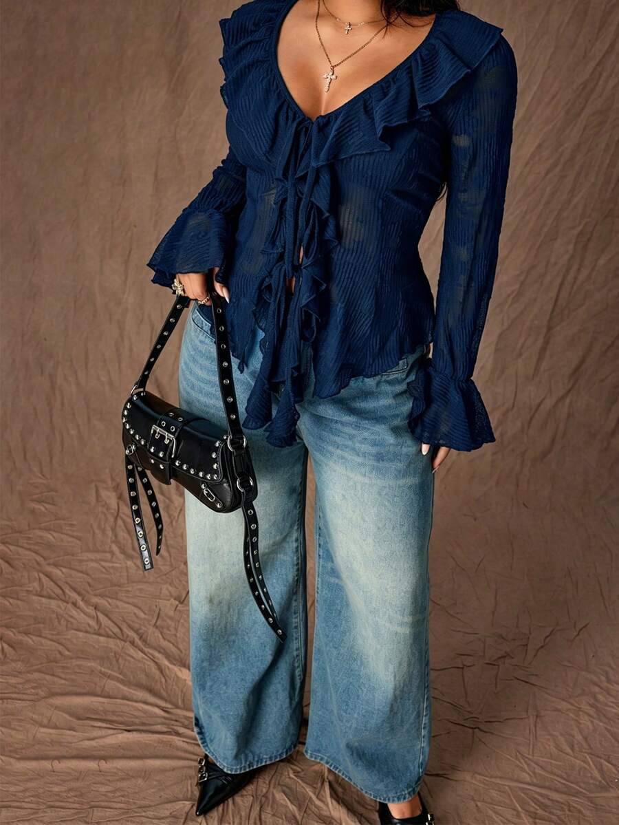 Rustia Plus Size Women V-Neck Ruffle Trim Front Tie Bell Sleeve Blouse - Navy Blue - View 1